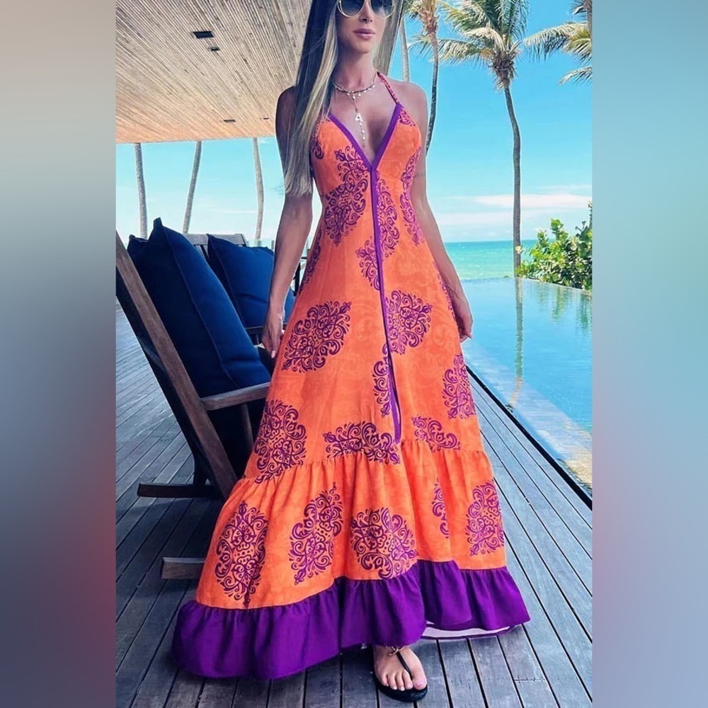 Summer women's fashion print V-neck slip dress